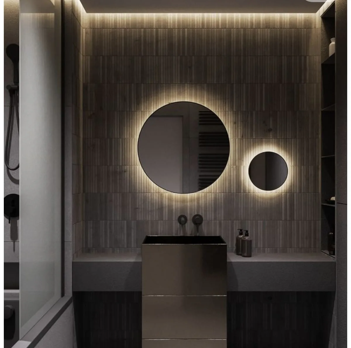 مغسلة معلقة مع مرايا دائرية من أعمال شركة أطلس في جدة والطائف